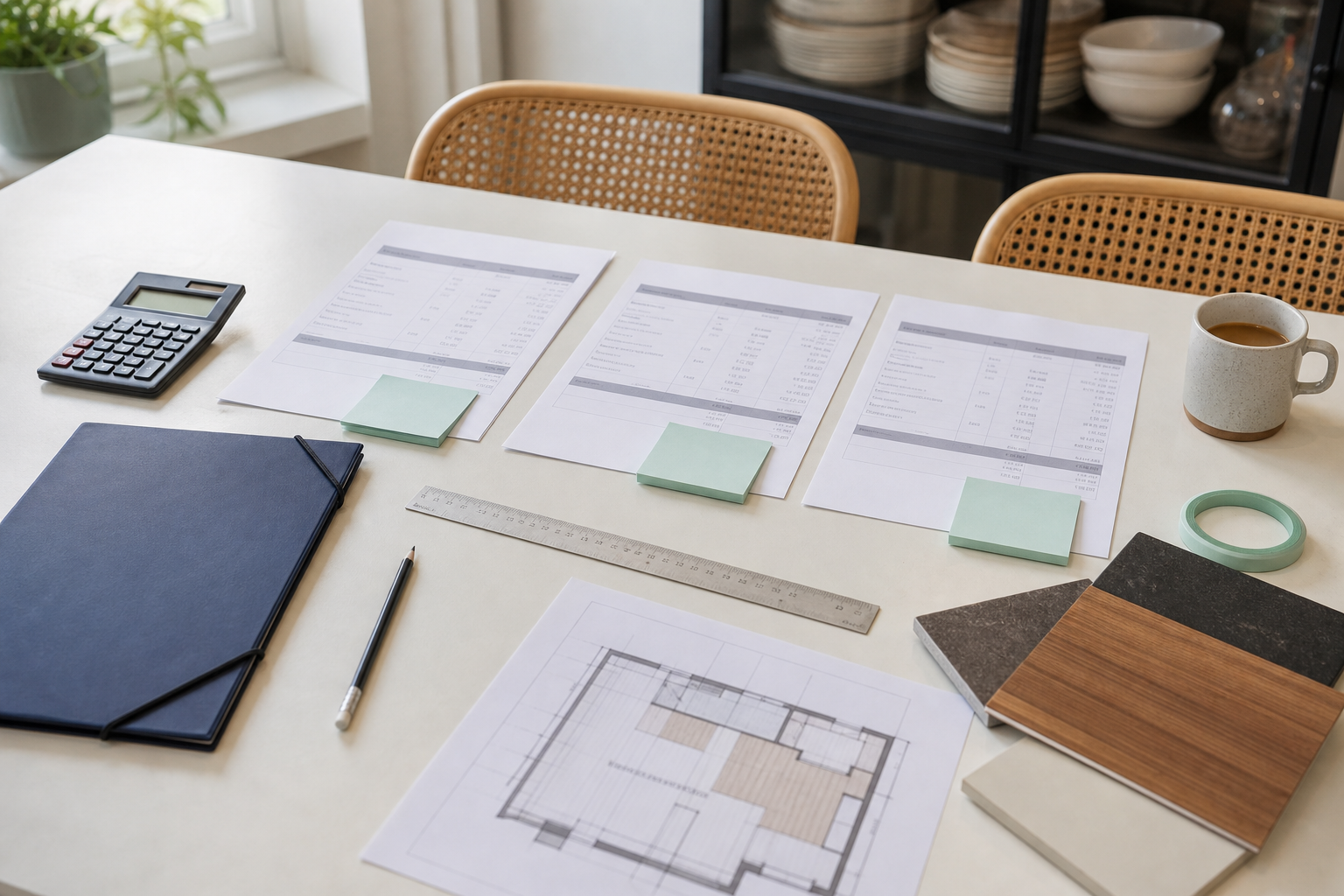 Tafel met drie verbouwingsoffertes, een plattegrond, calculator, meetlat en materiaalstalen